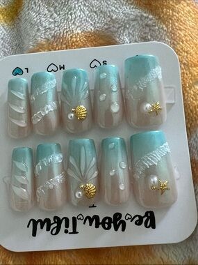 Aqua Seafoam Ombre Press-On Nails with Shell Accents